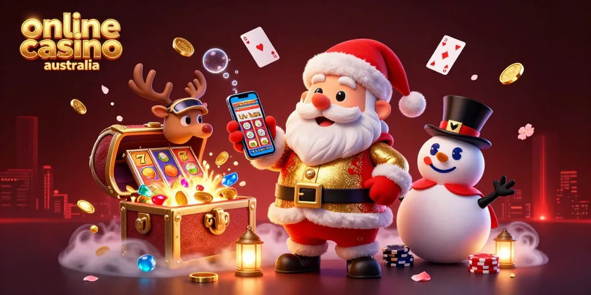 Experience the thrill of online casino Australia with Santa holding jackpot slots in this vibrant 3D illustration.
