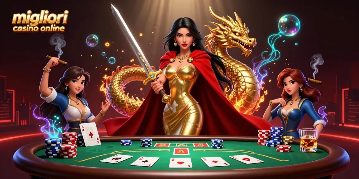 Vivi un'esperienza di gioco vibrante con i migliori casino online, con una regina guerriera tra elementi di poker e magia dei draghi.