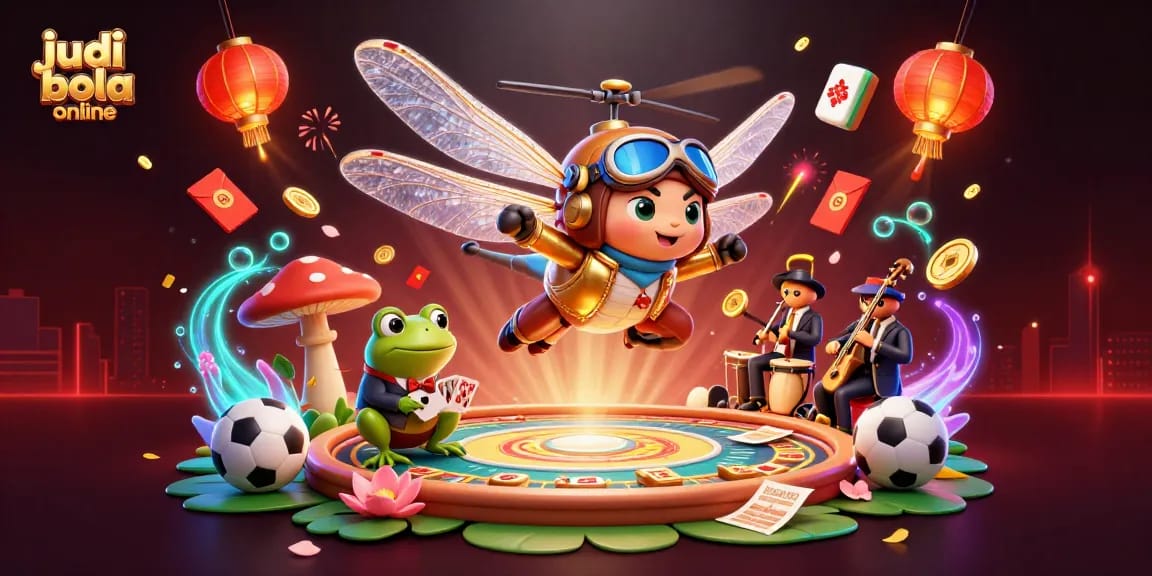 Experience judi bola online excitement with a whimsical scene featuring a dragonfly pilot, frog croupier, and jazz musicians.