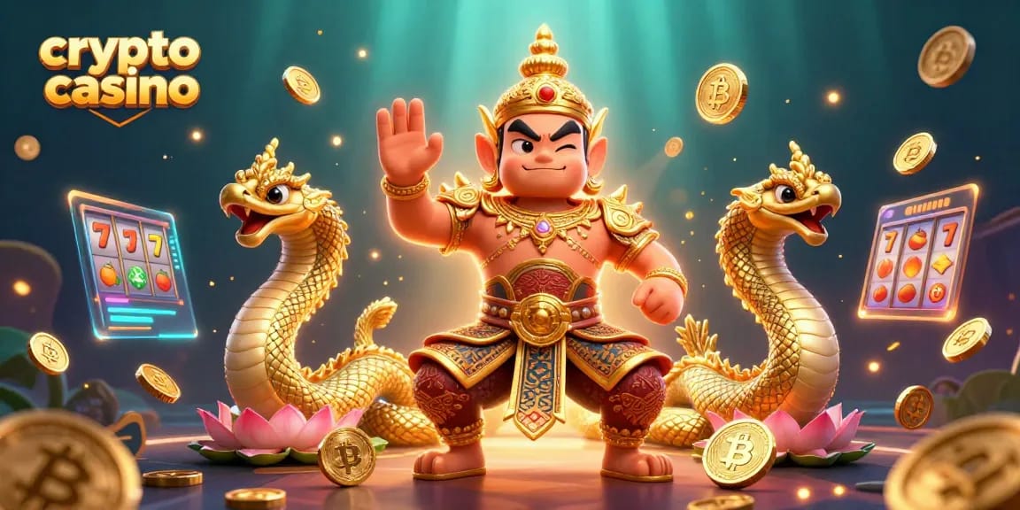 Jouer au crypto casino avec des gardiens thaïlandais et des éléments de jeux de casino animés.