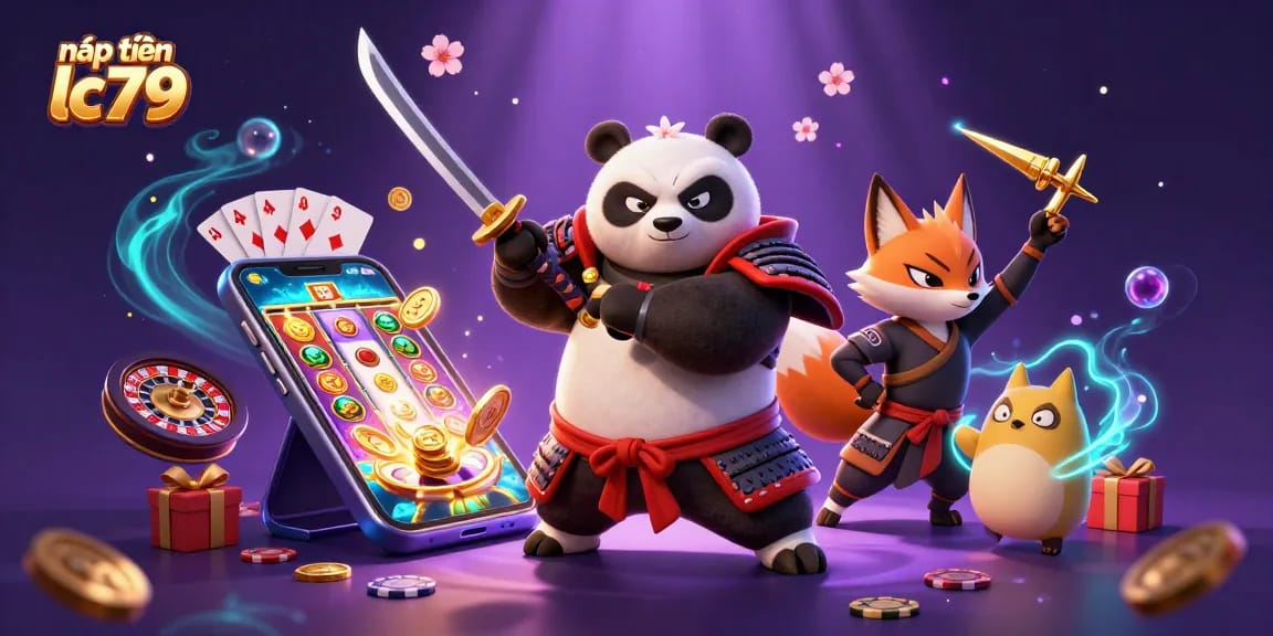Khám phá nạp tiền lc79 với hình ảnh samurai, fox ninja và tanuki trong không gian casino
