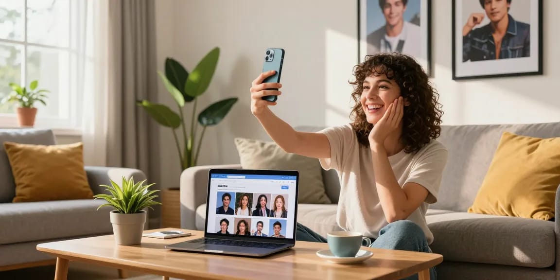 Person using a smartphone to discover celebs I look like in a cozy living room