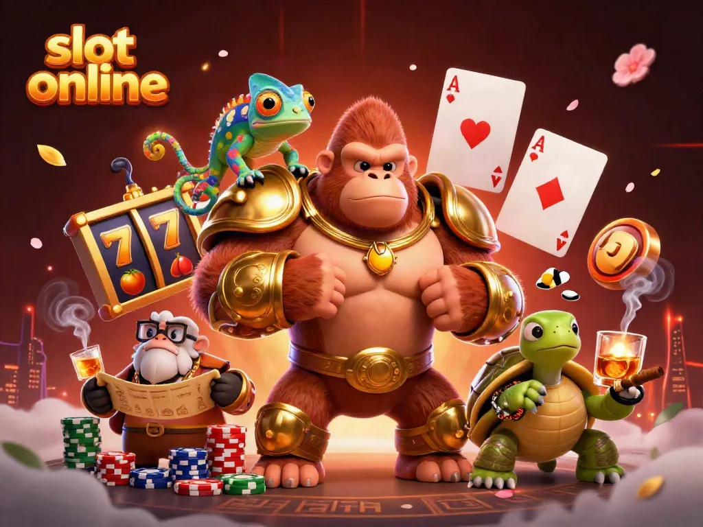 Engage in thrilling slot online games with a majestic gorilla king and vibrant characters in action.