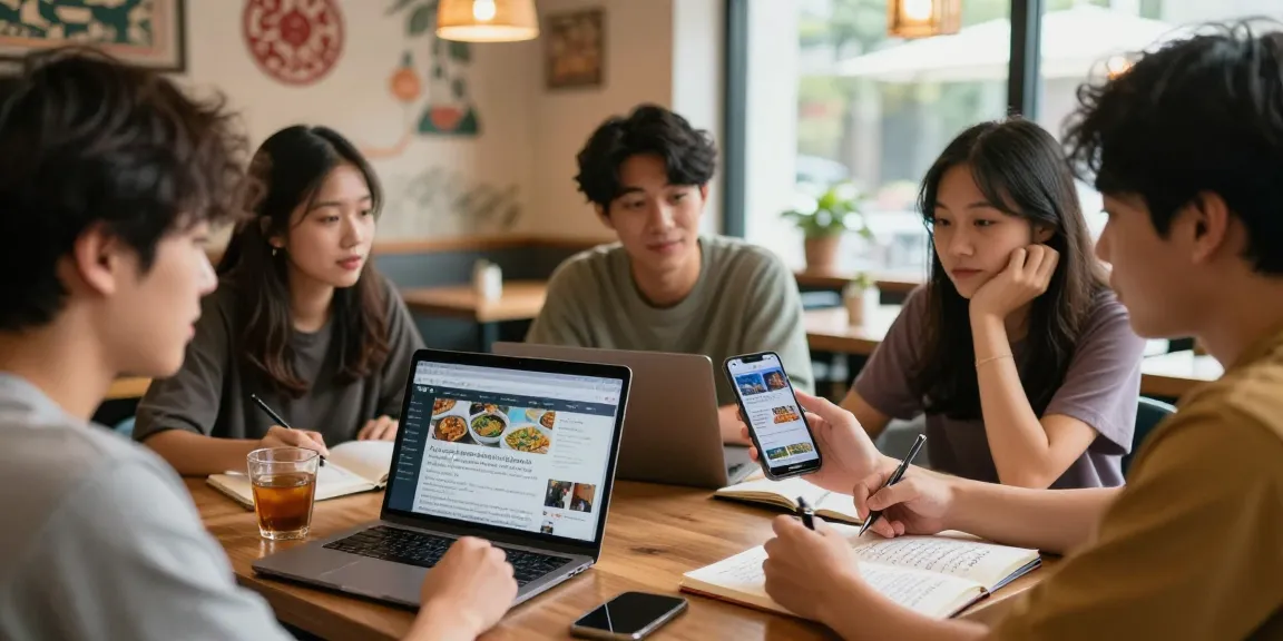Engaged young adults discussing Asian pop culture while viewing https://hanadultalk.com on a smartphone in a cozy café.