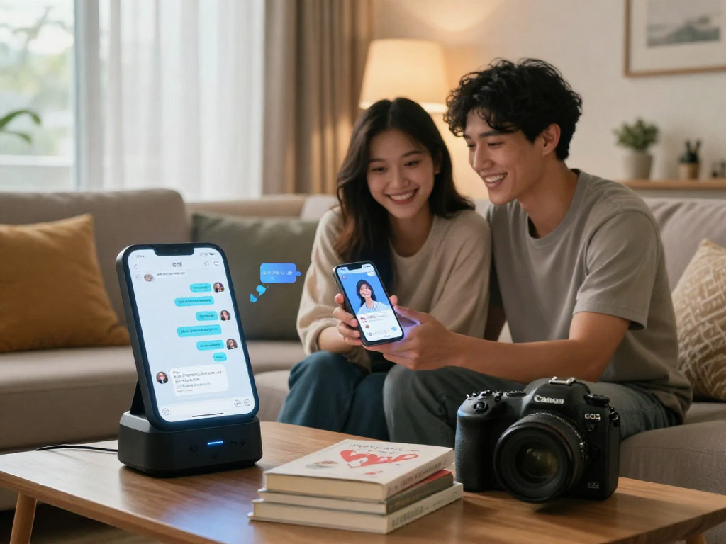 Young couple enjoying their AI girlfriend app interaction in a cozy living room, showcasing the integration of technology in relationships.