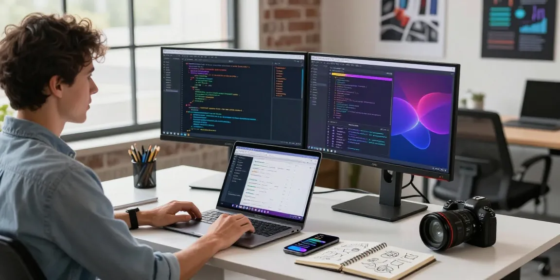 Active software development scene at teiegramin.com workspace with dual monitors displaying code and design.