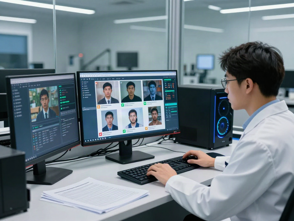 Analyst utilizing AI-Generated Image Detection technology in a modern forensic lab environment.