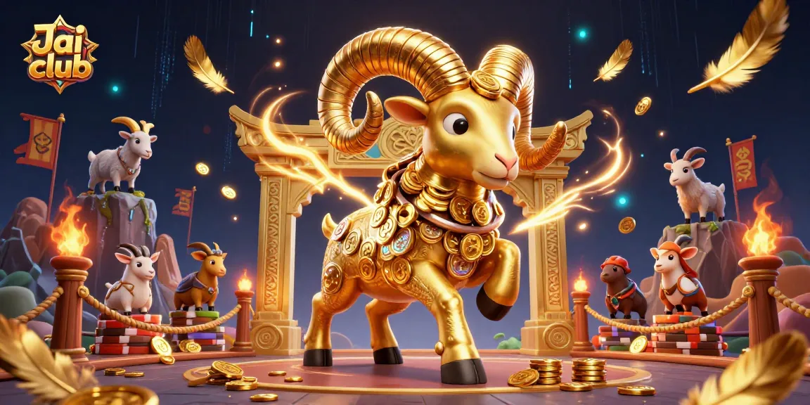 Engage in thrilling action at Jai club with a golden ram charging through a vibrant casino illustration.