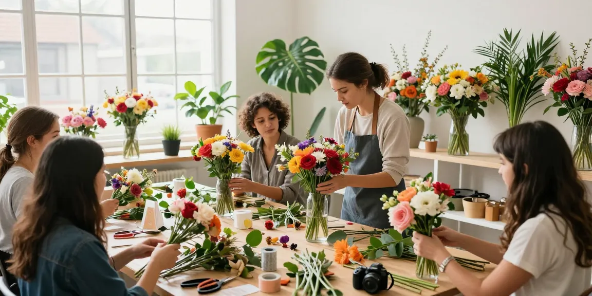 Floral workshop with students and instructor showcasing MODALWD flower arrangement techniques in a bright studio.