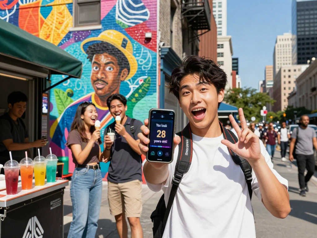 How old do I look? A person joyfully checking their age estimate with friends in a vibrant urban setting.