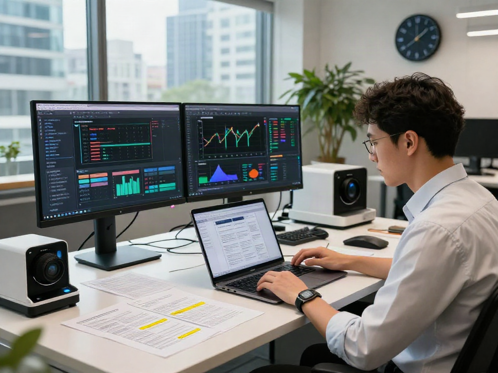Data scientist analyzing digital documents for document fraud detection in a modern workspace.