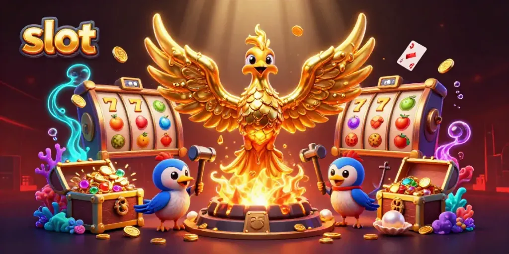 Menyenangkan slot dengan phoenix emas dan simbol berkilau saat permainan berlangsung.