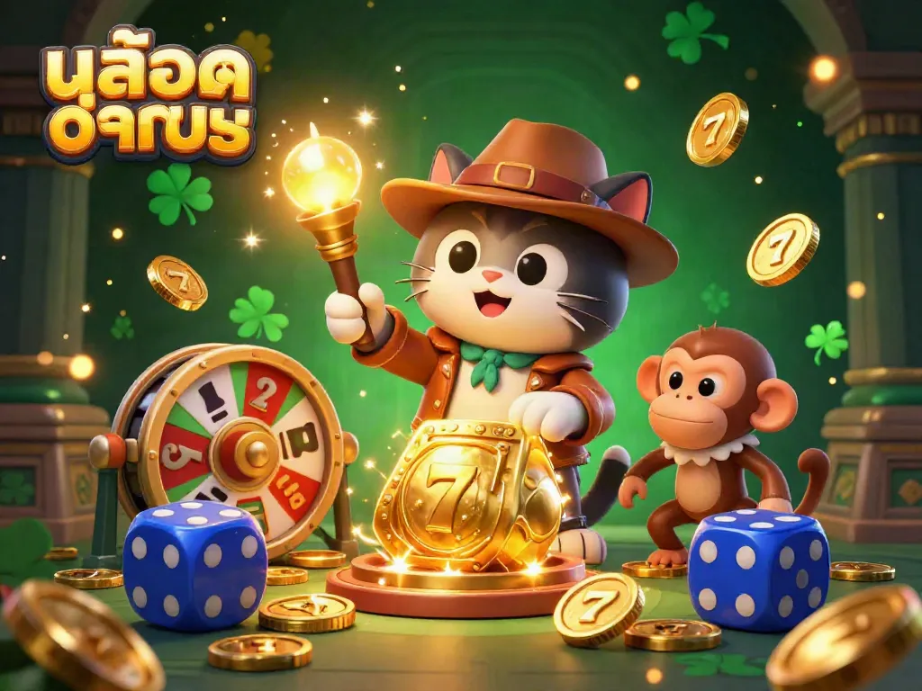 Experience สล็อตทดลอง with a thrilling illustration of an archaeologist cat discovering a golden casino artifact among dynamic slot reels.