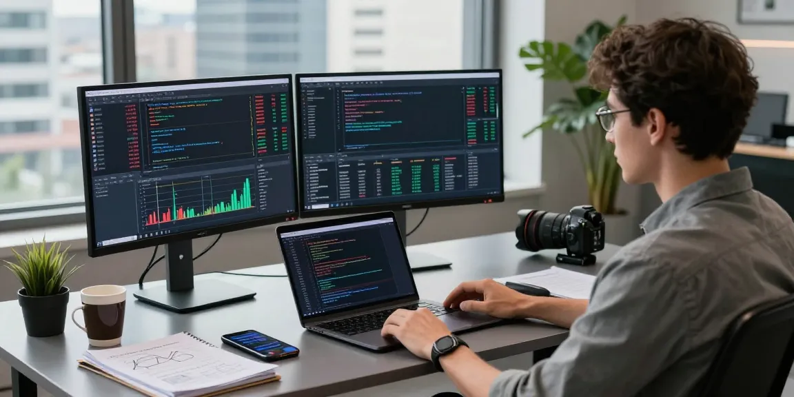 Developer utilizing US stock tick data API in a modern trading workspace with real-time market analysis.