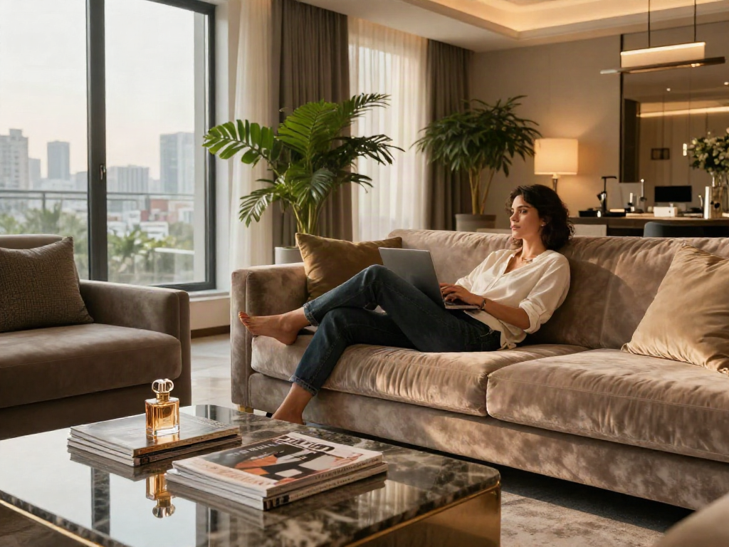 Interior mewah dengan sofa beludru dan aksesori desain yang menunjukkan kemewahan luxury111.