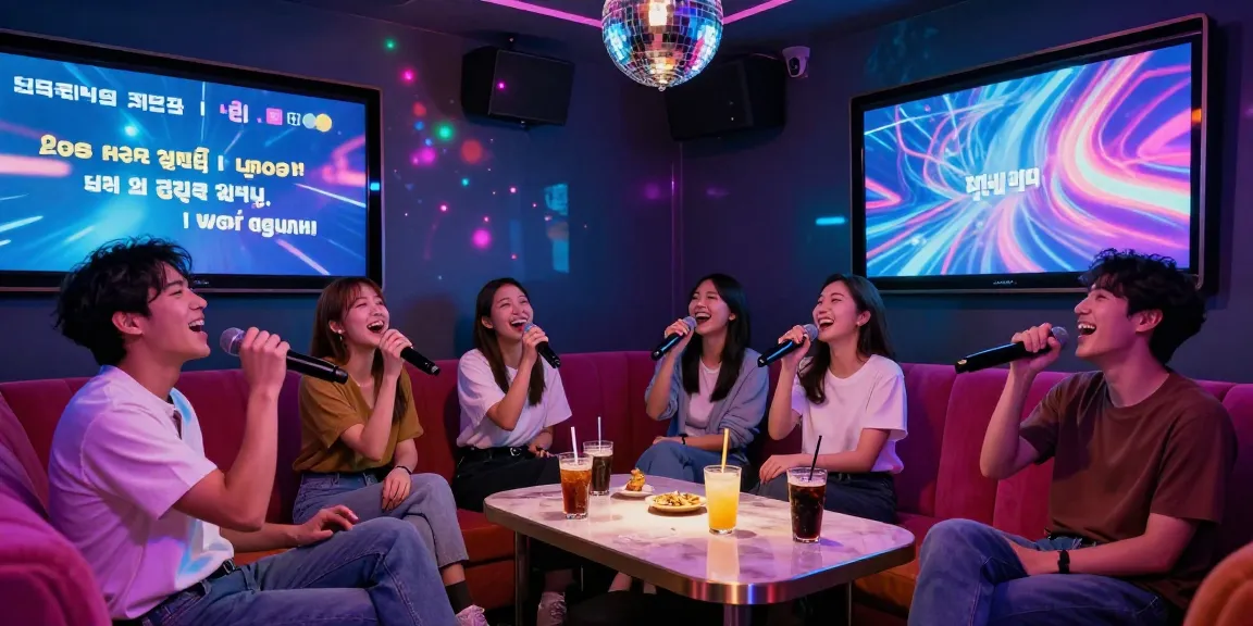 Karaoke enthusiasts enjoying a lively night at a 강남노래방 with vibrant lights and energetic atmosphere.