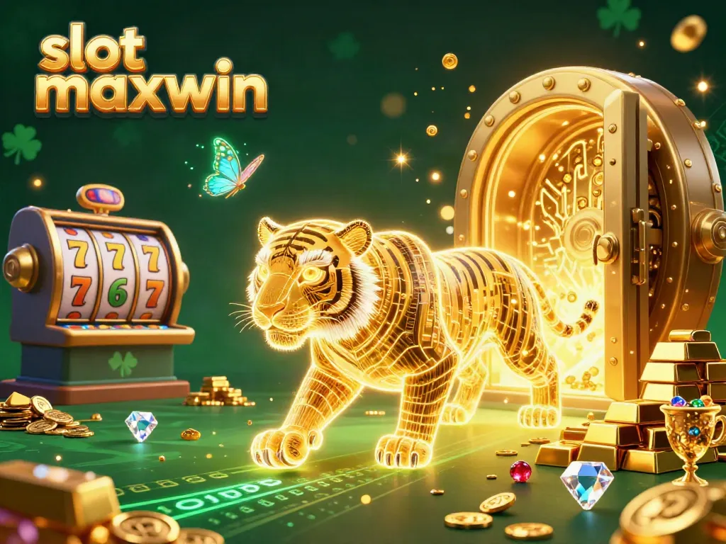 Experience the thrill of slot maxwin with this vibrant digital casino illustration featuring a golden tiger amid dynamic slot reels.