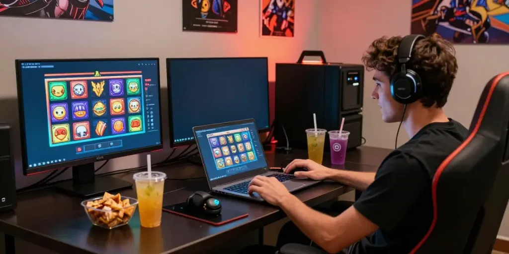 Enthusiastic gamer engaged with slot games on laptop surrounded by gaming decor.