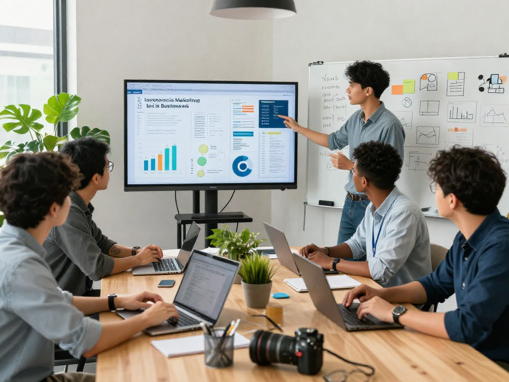 Home service marketing agency team collaborating on local business strategies in a modern office.