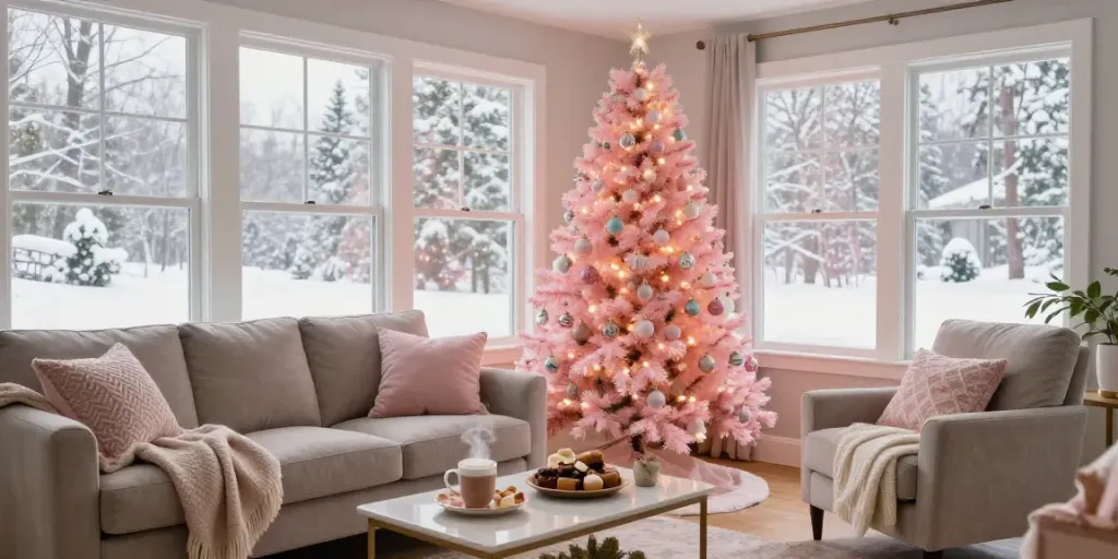 Decorated pink xmas tree in a cozy living room with festive decorations.