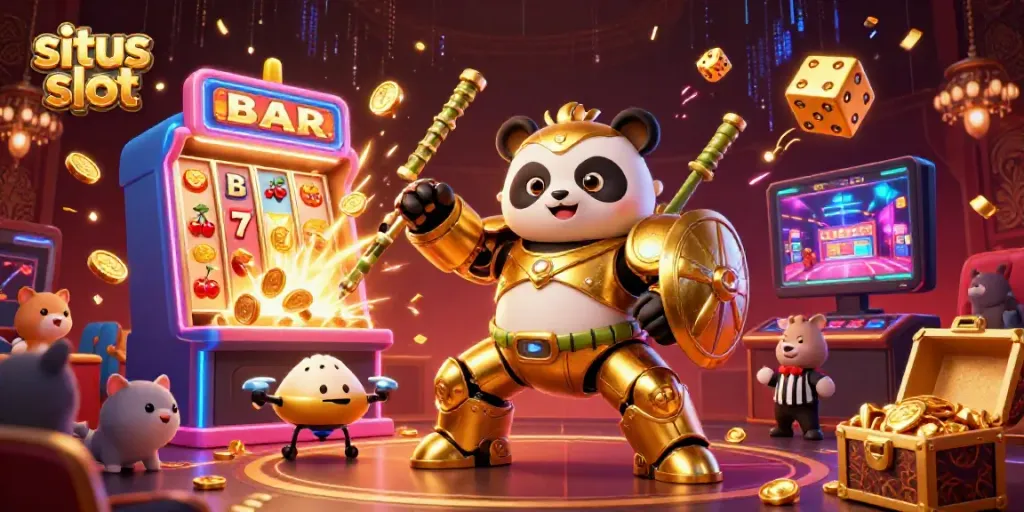 Experience the excitement of situs slot with dynamic characters, bright symbols, and explosive jackpots in this vibrant 3D casino scene.