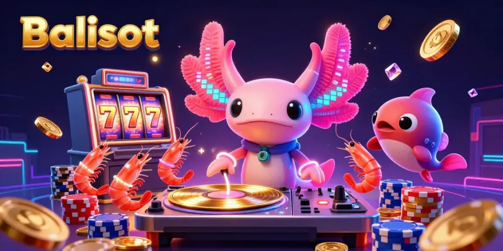Balislot showcases a vibrant scene with axolotl DJ and poker chips, representing online gambling.
