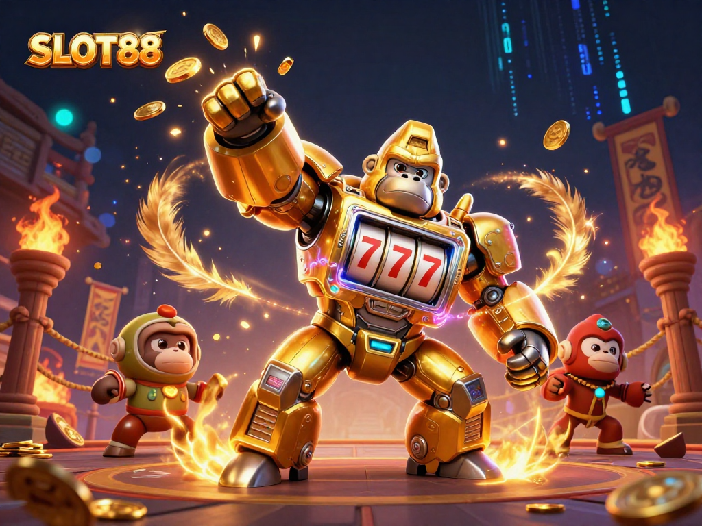 SLOT88 menampilkan gorila emas mech transformator dengan bagian mesin slot, menembakkan koin kemenangan ke udara.