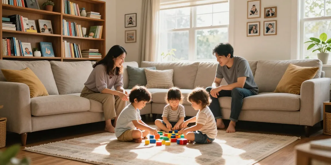 Warm family atmosphere with parents interacting with children, highlighting rokok88 slot products for educational play and bonding.