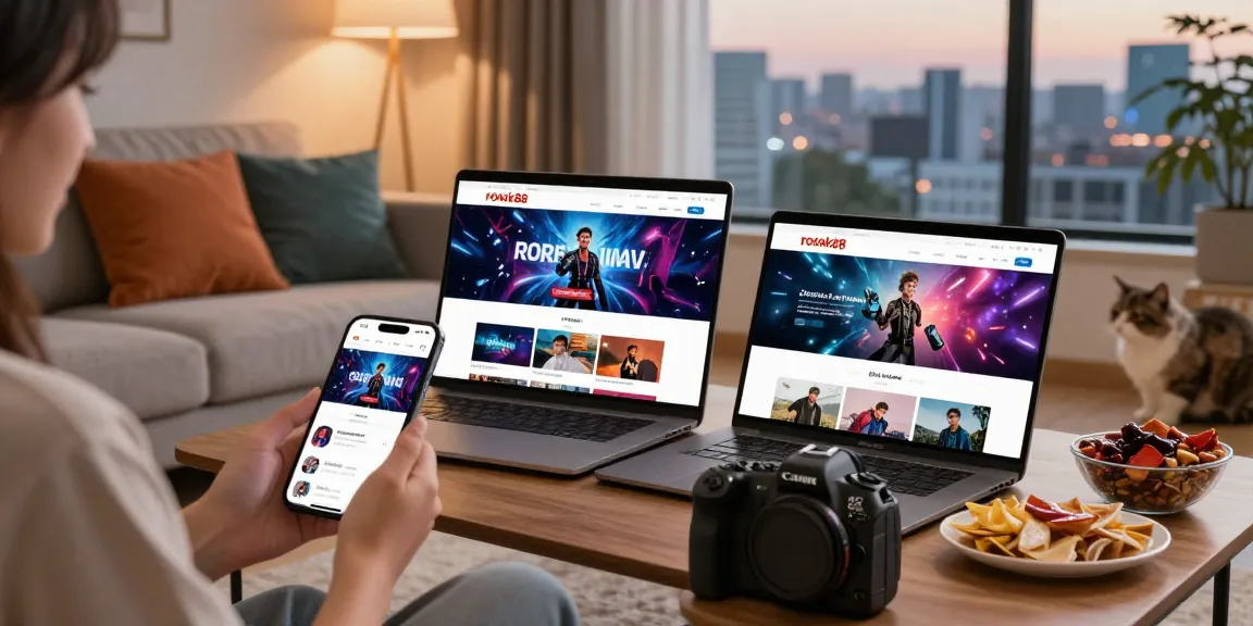 User interacting with rokok88 alternatif on multiple devices in a cozy living room, showcasing modern entertainment experience.