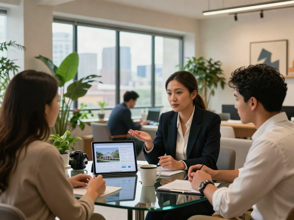 Real estate agents discussing properties over a deposit 10k investment.