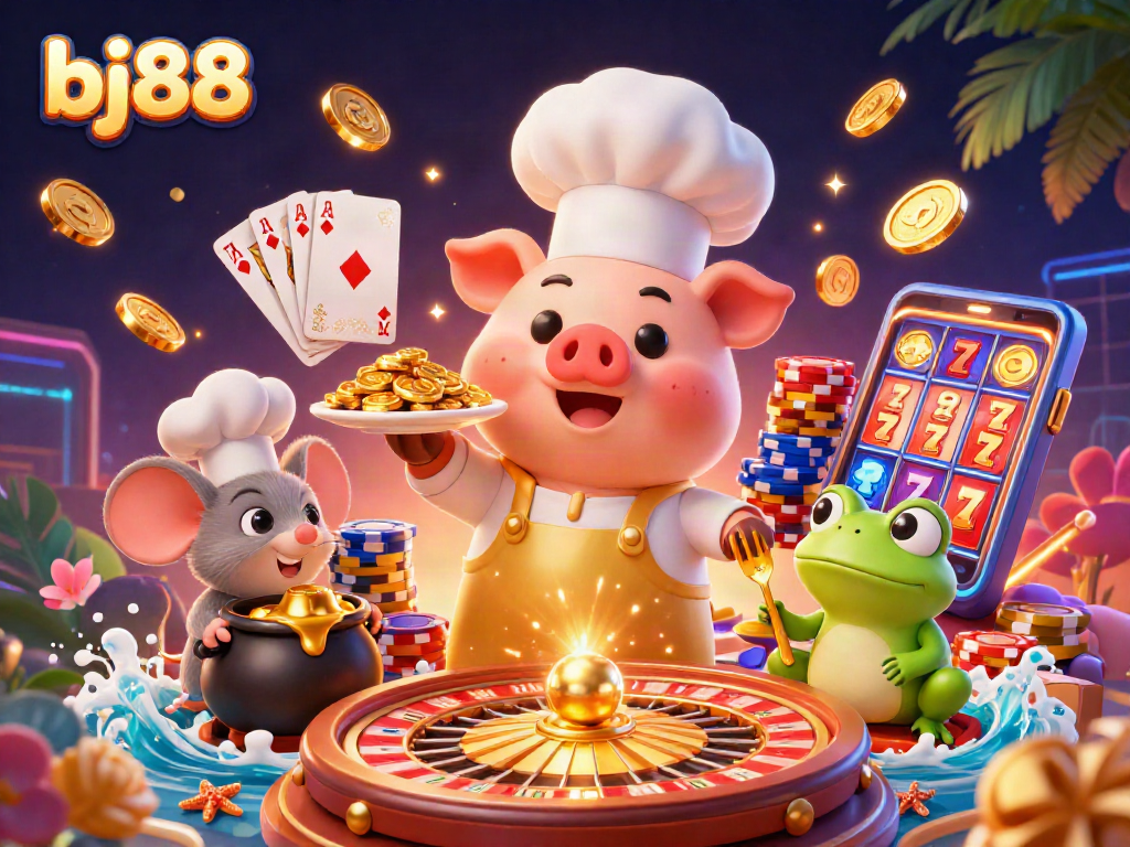 Experience high-stakes thrills with bj88, featuring gold coins, slots, and playful casino characters.