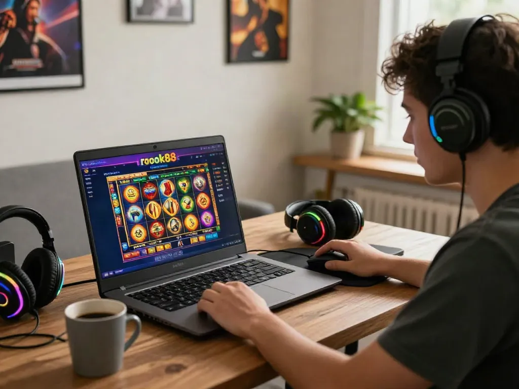rokok88 slot login gaming scene with a player focused on the vibrant online slot games in a cozy, illuminated home setup