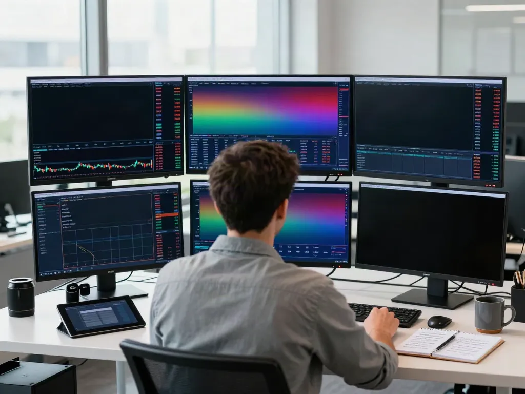Trader using TradingView in a modern office with high-tech screens.