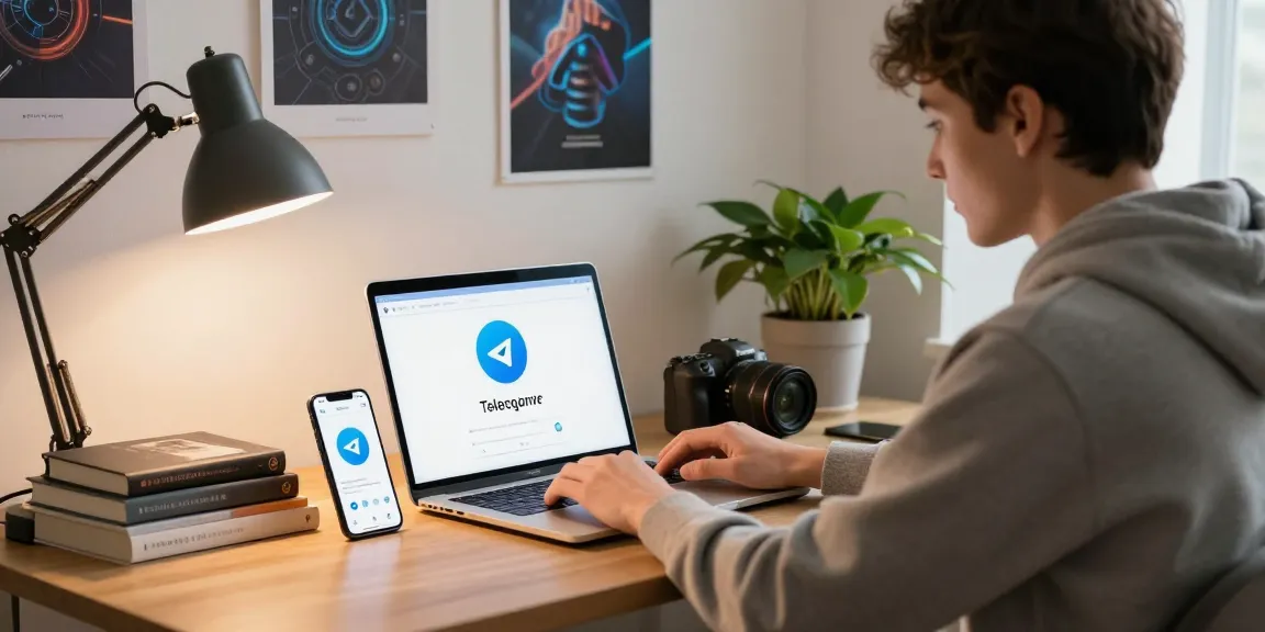 User exploring telegram chinese latest apk in a modern home office with a laptop, smartphone, and tech books, creating a productive atmosphere.