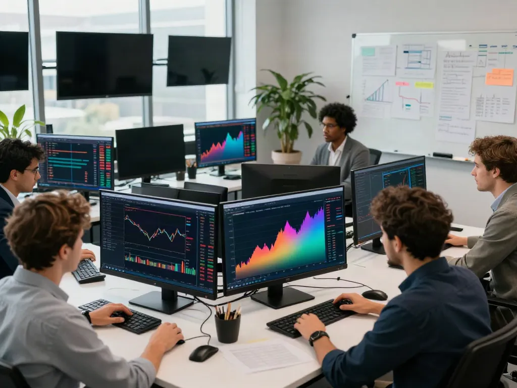 Traders using TradingView in a dynamic office environment with screens displaying market data.