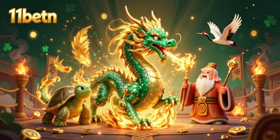 Experience vibrant action with 11betn's shimmering dragon and turtle in an energetic casino scene.