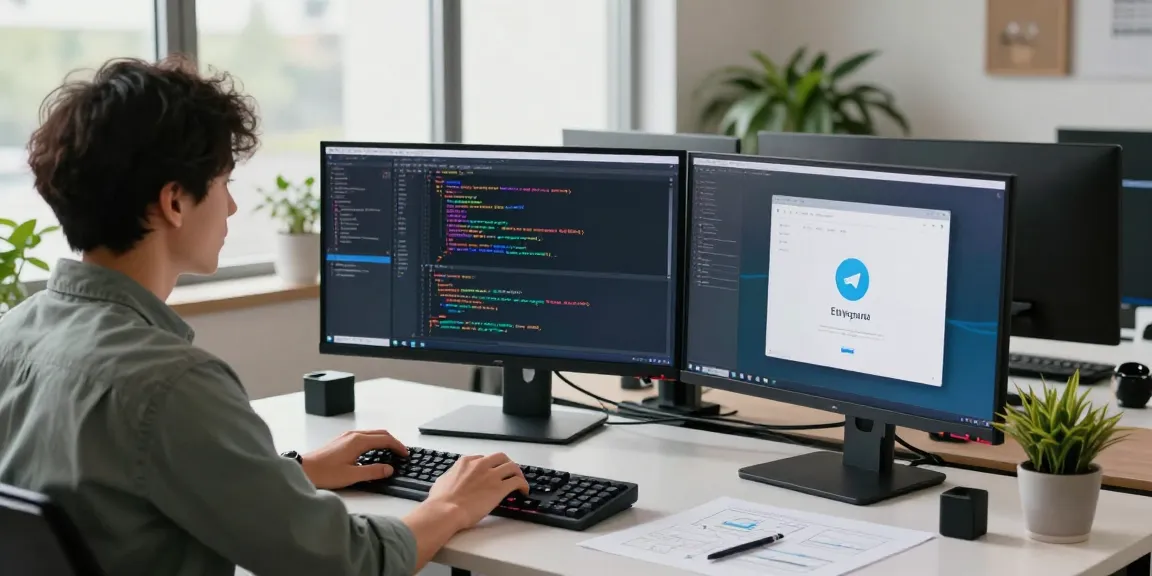 Developer coding 纸飞机中文版 app in modern tech workspace with multiple screens and natural light.
