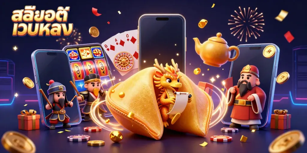 Play สล็อตเว็บตรง with a dynamic scene featuring a golden fortune cookie and gaming elements.
