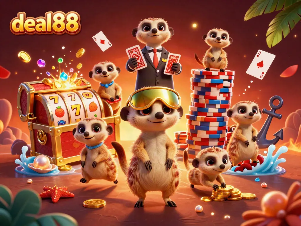 Experience thrilling wins at deal88 with meerkats running a vibrant casino filled with colorful gaming elements.