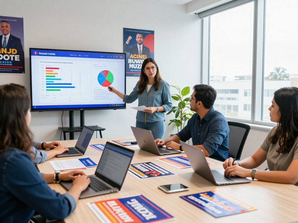 Engaging strategy meeting on Hulu political ads with team analyzing voter data