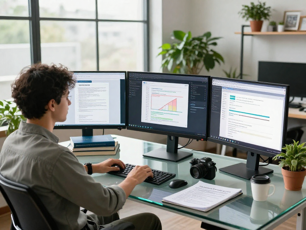 Data scientist analyzing document fraud detection algorithms with advanced technology in a modern workspace.