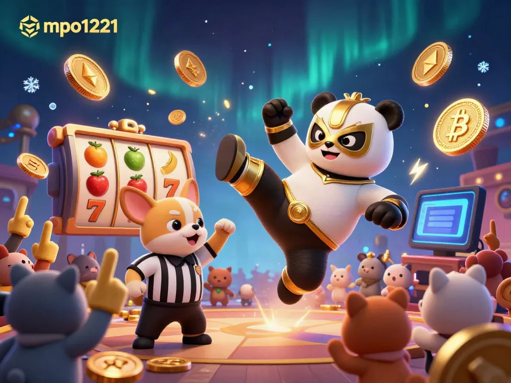 Experience the excitement of mpo1221 with a lively illustration showcasing a panda wrestler kicking, ethereal slot symbols, and cheering animal fans.
