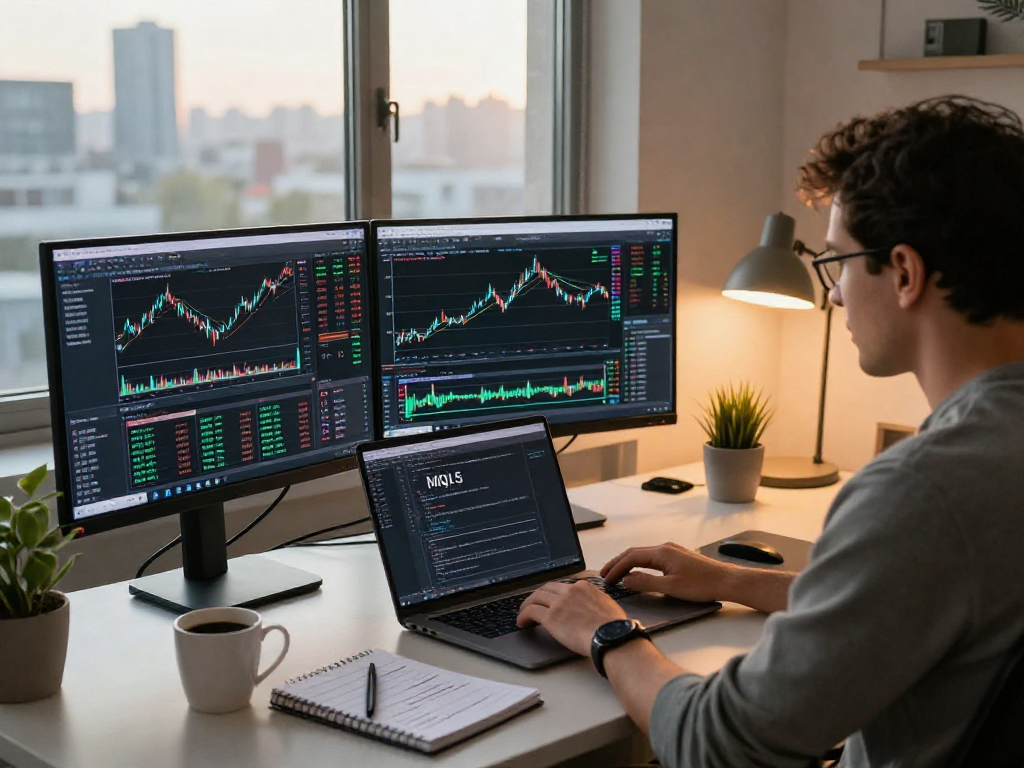 Trader using metatrader 5 on multiple screens in a modern home office.