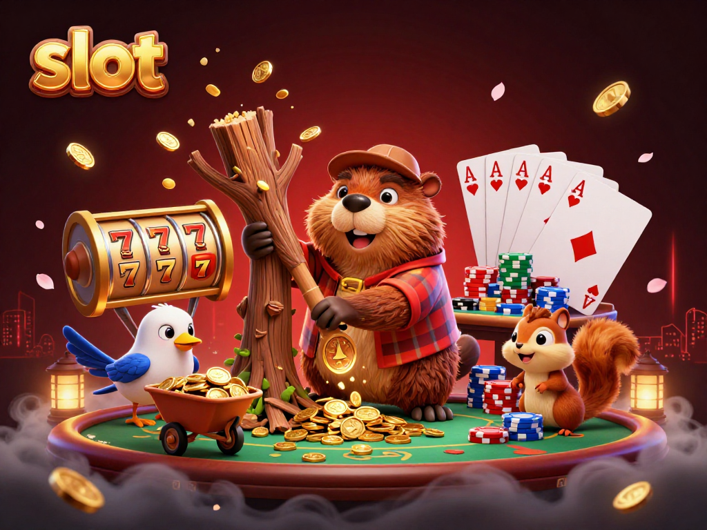 Catch slot winnings with a charming beaver and friends in an exciting casino setting!