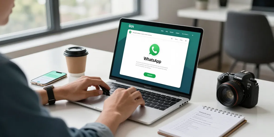 Professional setting exploring WhatsApp網頁版 on a sleek laptop, conveying tech engagement and productivity.