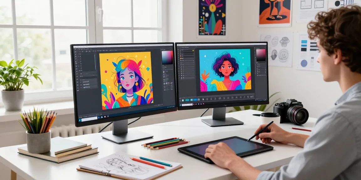 Designer using the nano banana AI image editor in a vibrant creative workspace with digital art.