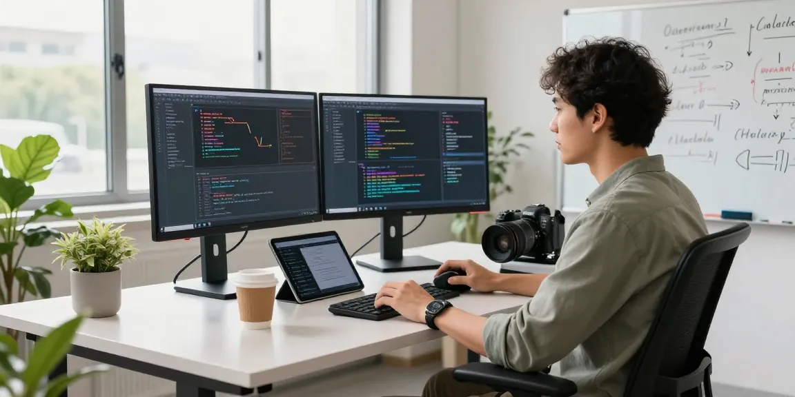 Data scientist using machine learning tools at dual monitors in a modern tech workspace