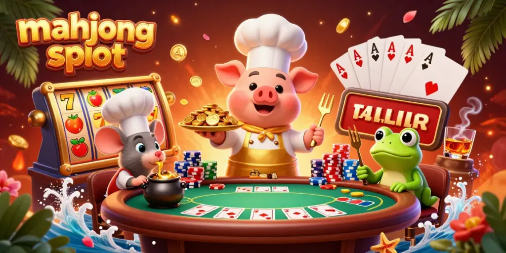 Engage with lively 3D scene depicting a chef pig serving gold coins, encapsulating mahjong slot excitement.