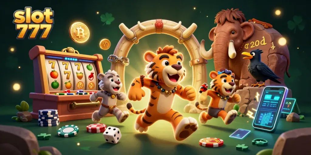 Menggulung slot 777 dengan simbol keberuntungan dan elemen kasino lainnya dalam ilustrasi 3D