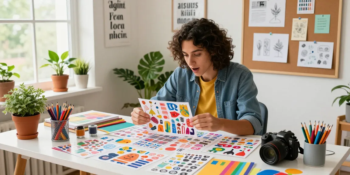 Creative individual designing pages for a reusable sticker book in an inspiring workspace filled with art supplies.